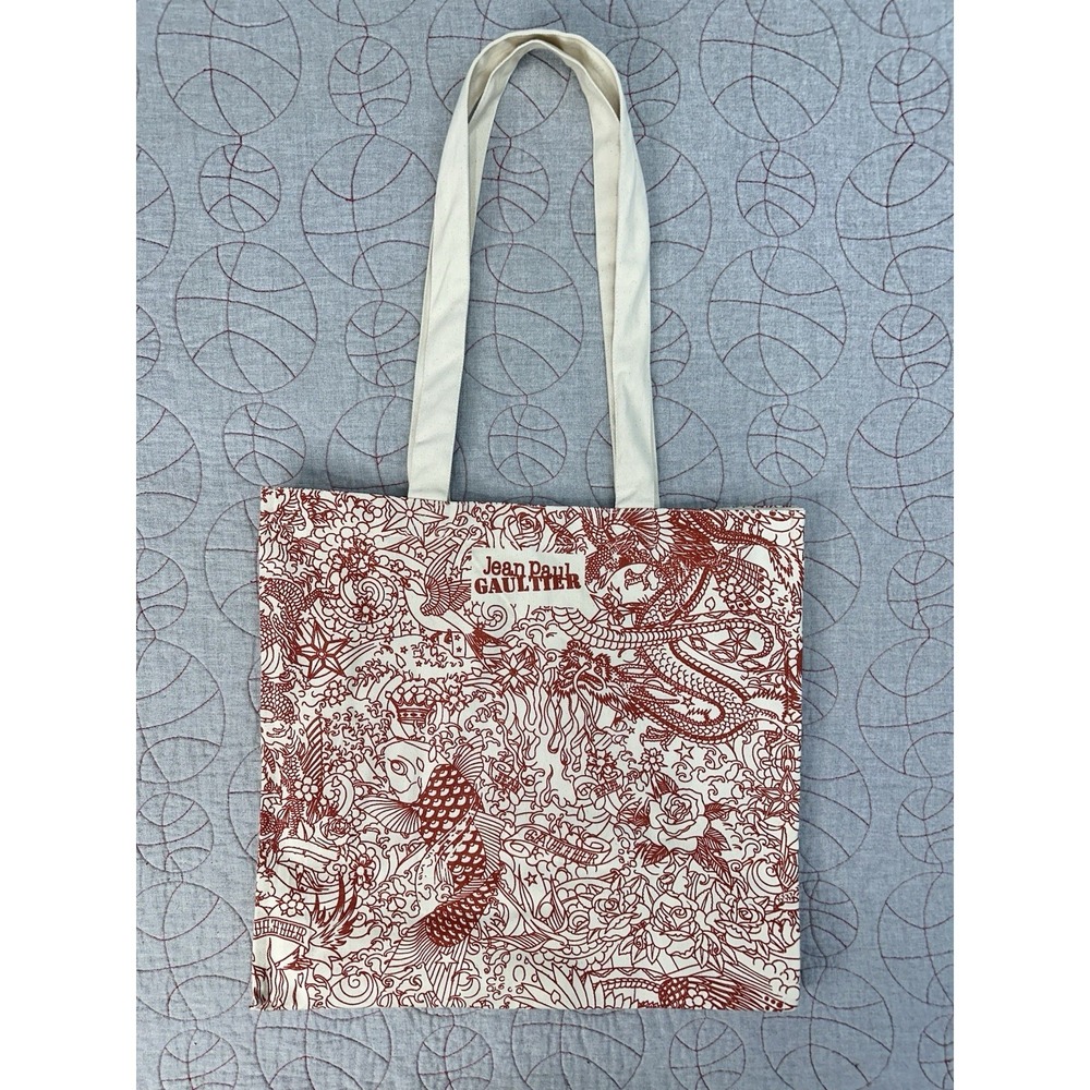 Jean Paul Gaultier Tattoo Tote Bag Red Beige Canvas Dragon Fish / Women's Medium